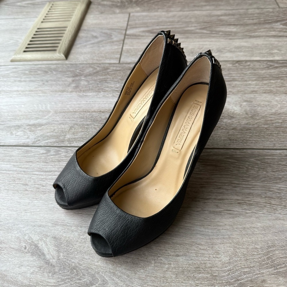 BCBGMAXAZRIA Roxanne Black High All Leather Spikes Heel Peep Toe Rocker Pumps - Picture 2 of 15